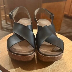Clarks Black Leather Wedge Sandals